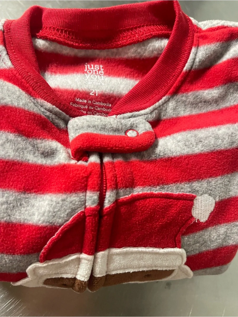 Red & Gray Striped Kids Footed One-Piece with Santa Applique
